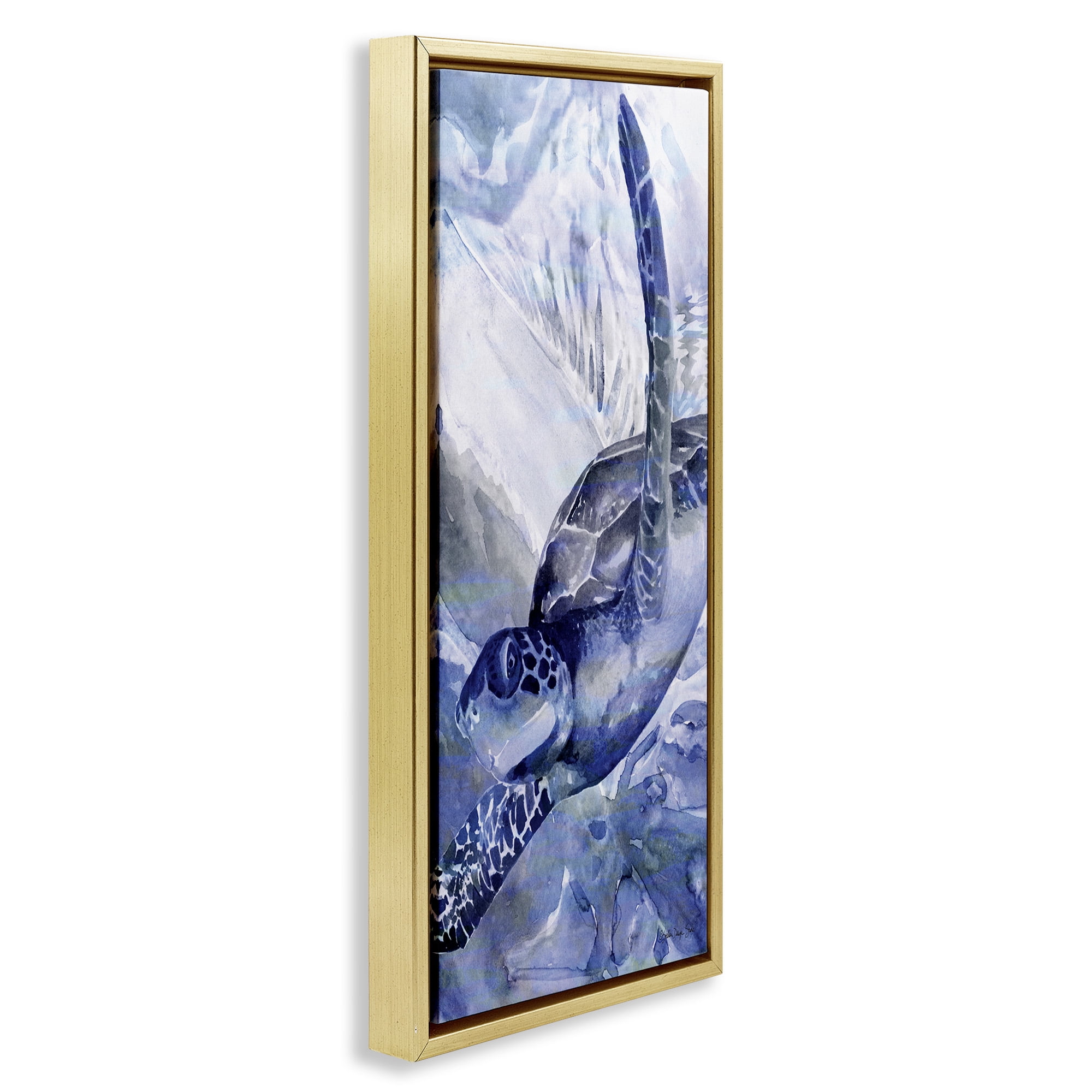 Stupell Industries Sea Turtle Swimming In Ocean Animals & Insects Painting Gold Floater Framed Canvas Art Print Wall Art, 15 x 31