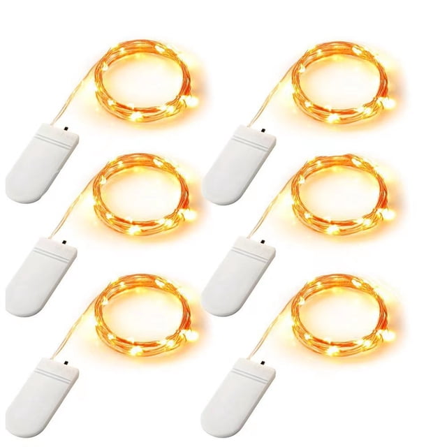 Juego de 6 luces LED de cadena de 2 m, 20 LED, funciona con pilas, cable de cobre, resistente al agua, para bodas, fiestas, Navidad, decoración interior y exterior, color blanco cálido.