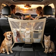 Dog Car Barrier 2-Ply Reinforced Mesh, Adjustable Top/Bottom Straps Pet Barrier for SUV Truck Sedan, Keeps Dogs in Back Seat with Storage Pockets (Beige)