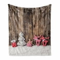 thumbnail image 1 of Winter Soft Flannel Fleece Throw Blanket, Traditional Cloth Christmas Inspired Rustic Wooden Planks Vintage, Cozy Plush for Indoor and Outdoor Use, 70" x 90", Brown White Pink, by Ambesonne, 1 of 6