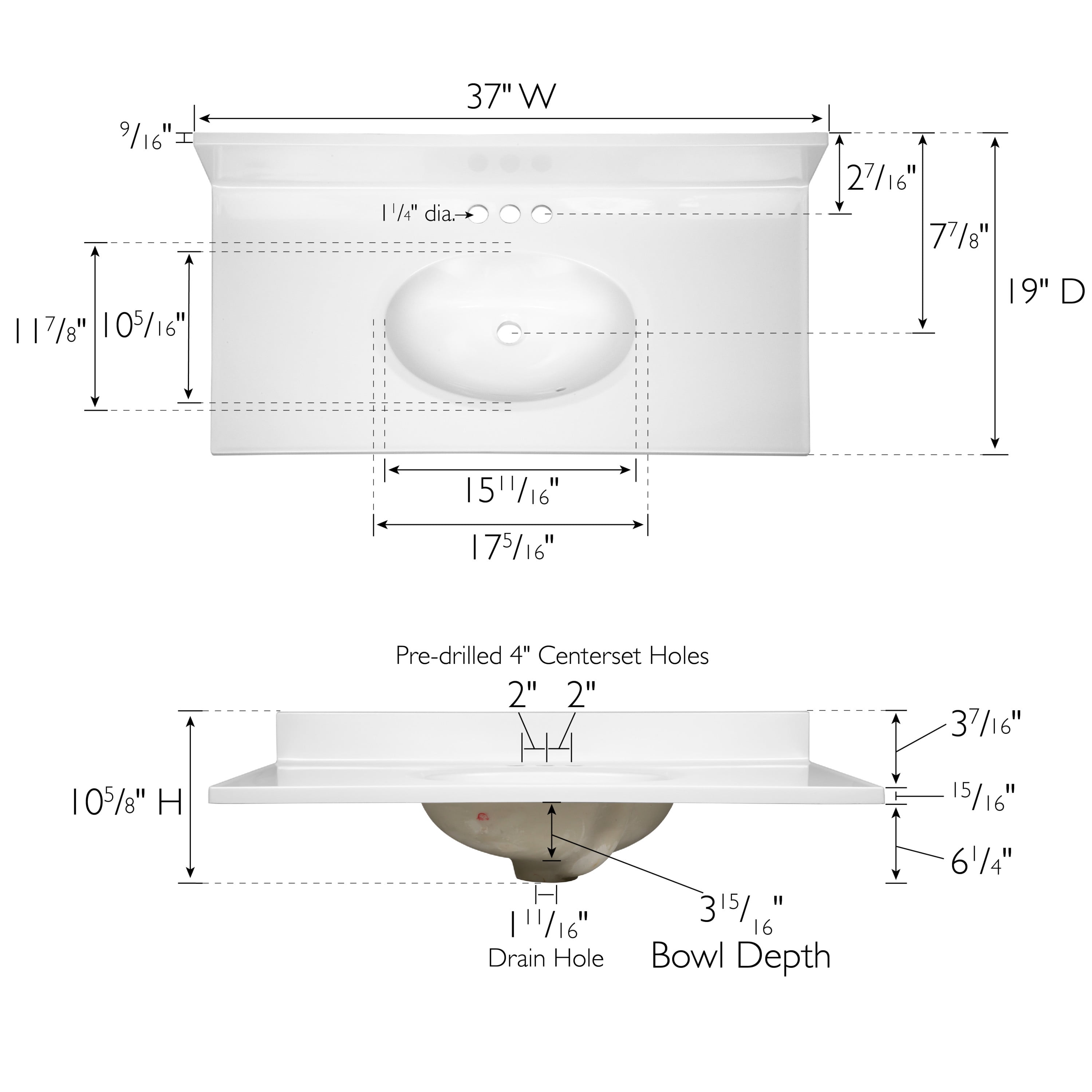 Design House Cultured Marble 37" x 19" Single Bowl Vanity Top with Backsplash and Centerset Mount, White