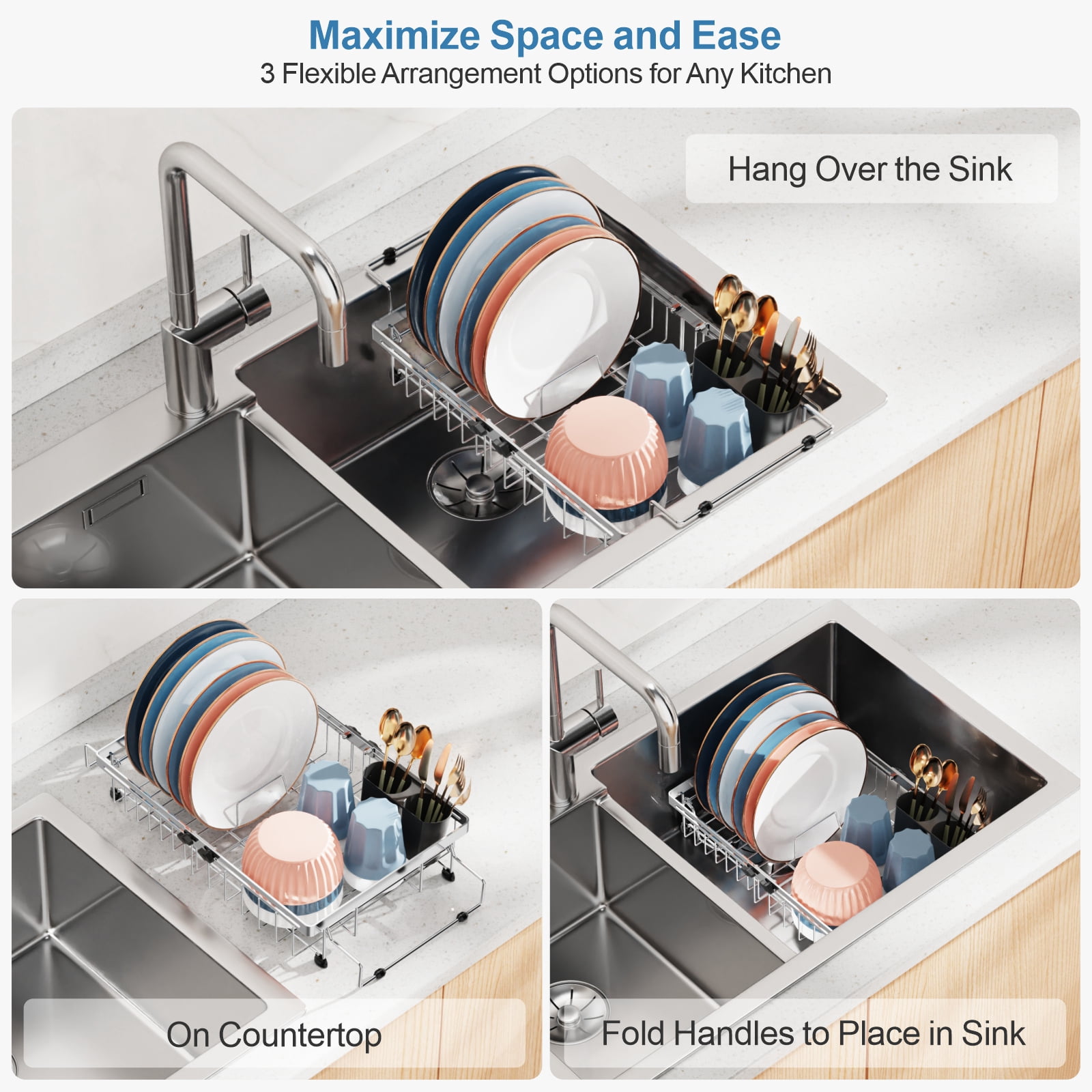 iSPECLE Expandable in Sink Dish Drying Rack - Capacity Adjustable Stainless Steel Over The Sink Dish Drainer with Lock Knob and Utensil Holder for Kitchen Sink, 10.8"~17.9" L x 12.7" W, Silver