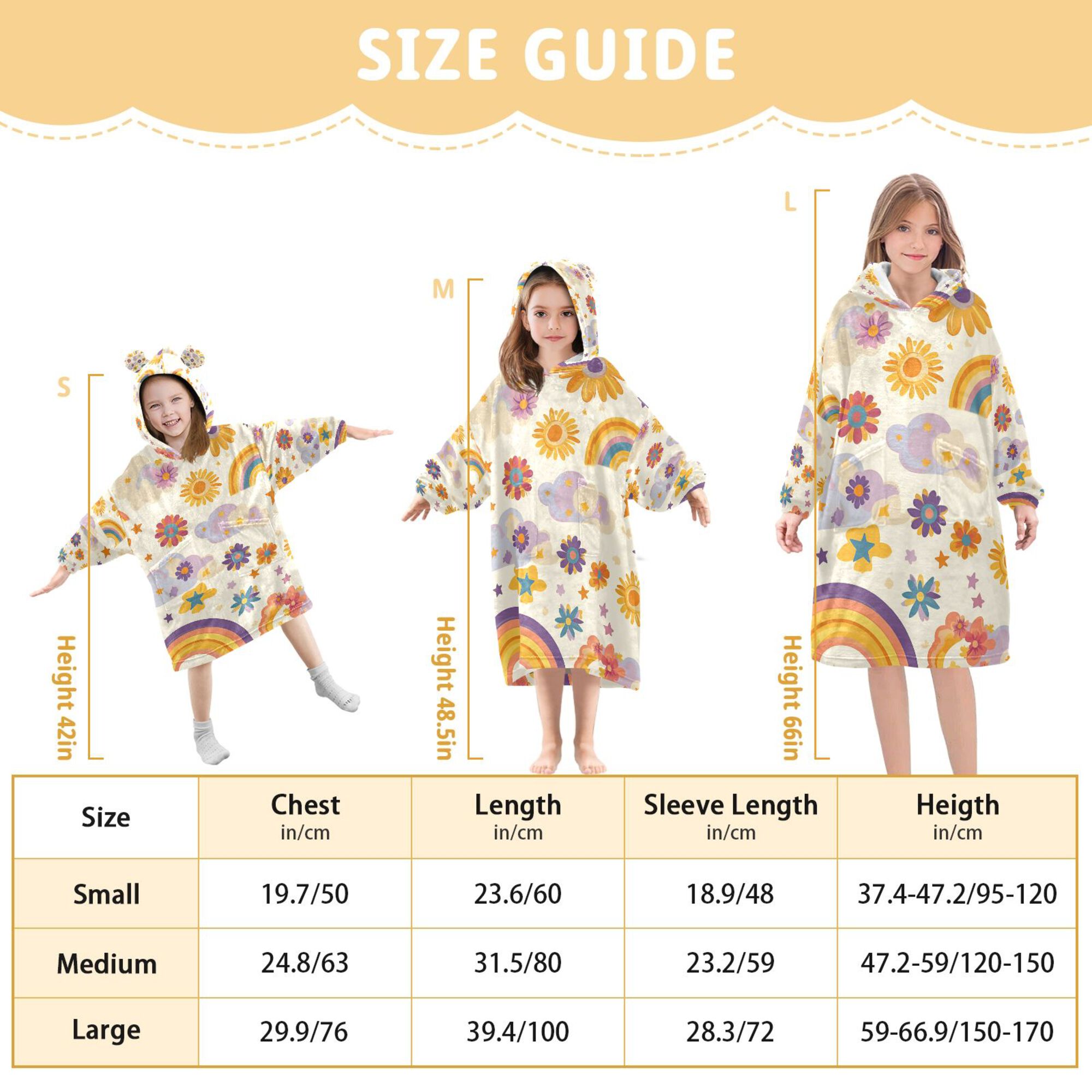 FORMRS Wearable Blanket Hoodie with Sleeves for Kids Cozy Flannel Sweatshirt, Beige Retro Rainbow