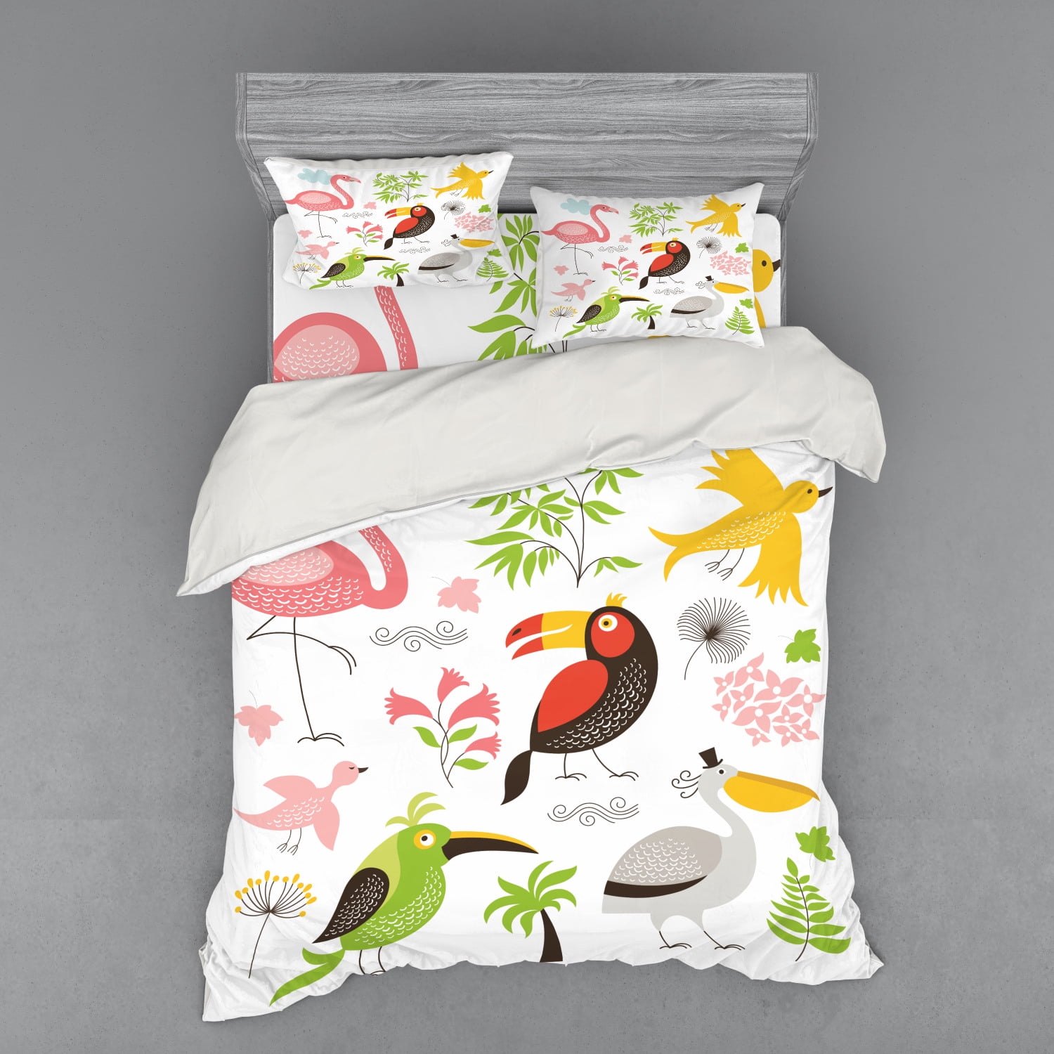 Birds Duvet Cover Set, Tropical Themed Exotic Birds Alluring Keel