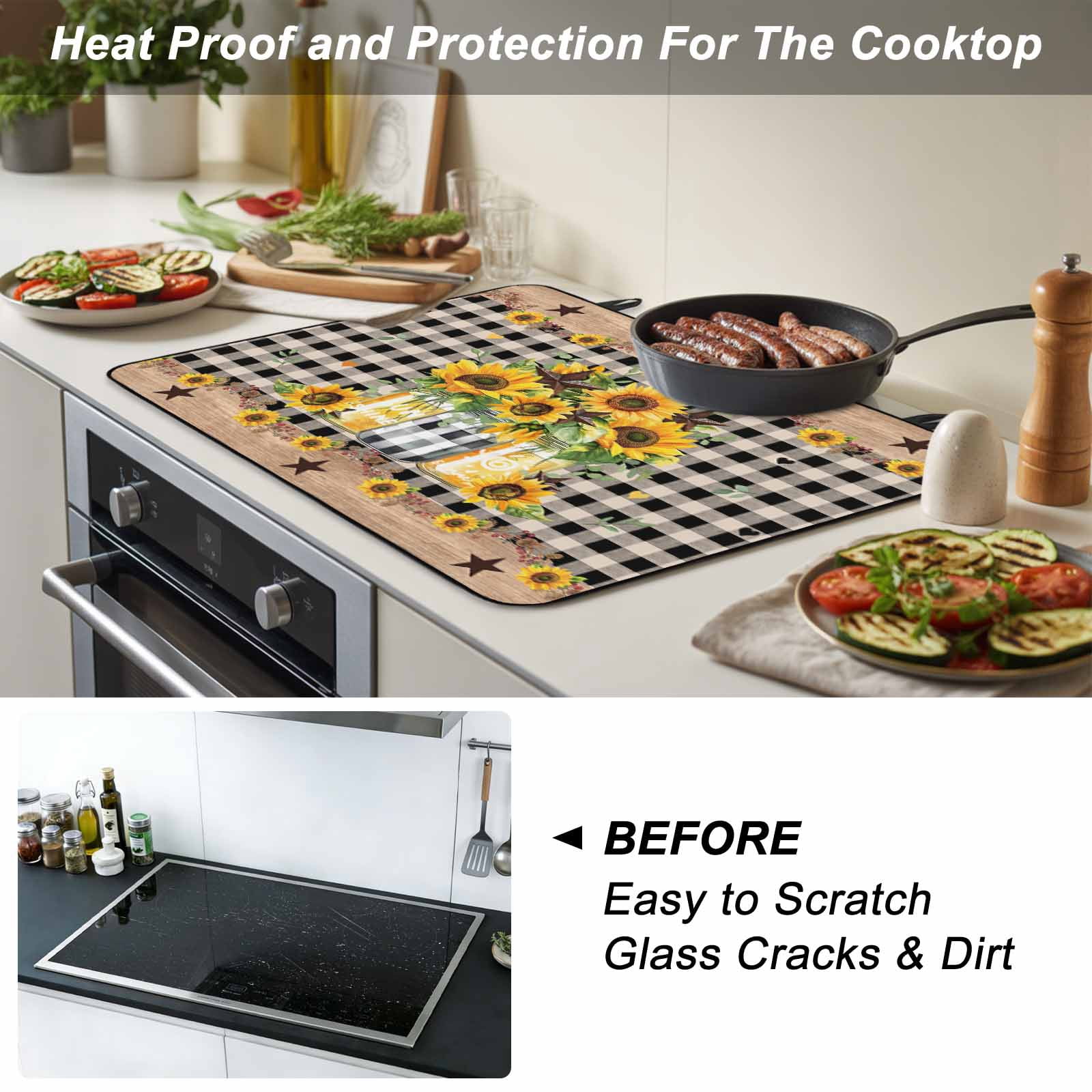 Sunflower Stove Top Cover for Electric Stove, Heat-proof & Non Slip Glass Top Stove Cover Protector, Black White Plaid Farmhouse Stars Kitchen Flat Cooktop Rubber Mat 24x21 Inches