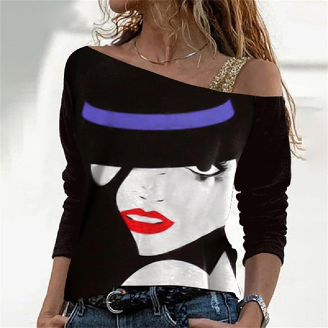 Camiseta con estampado de cara abstracta para mujer, Top Sexy con hombros descubiertos, camiseta informal de manga larga, moda urbana Harajuku, otoño