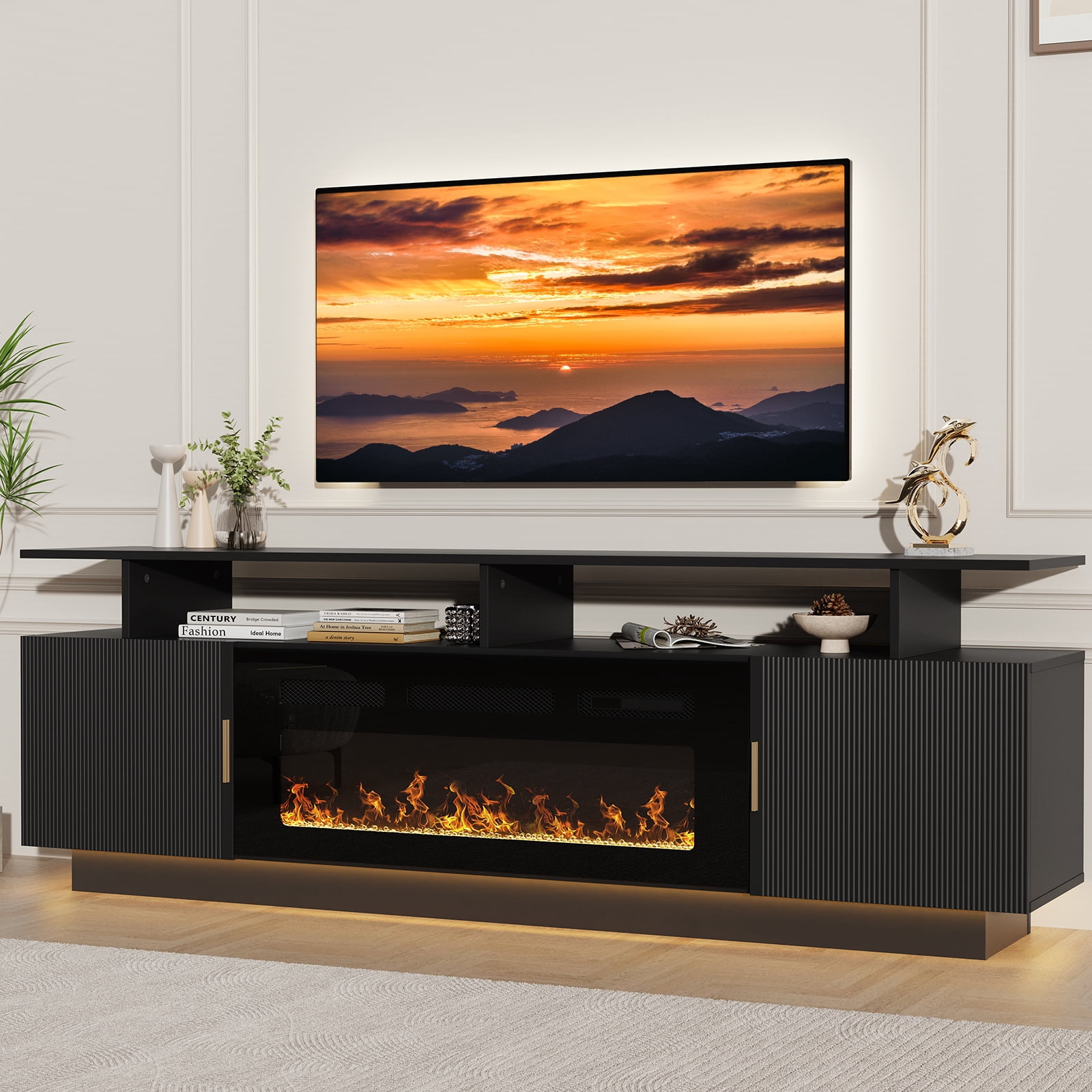 70'' TV Stand with 36'' Electric Fireplace - 23'' High Black Entertainment Center, Changeable LED Light, Power Outlet, Fits 65''+ TVs, Modern Living Room Console (White)