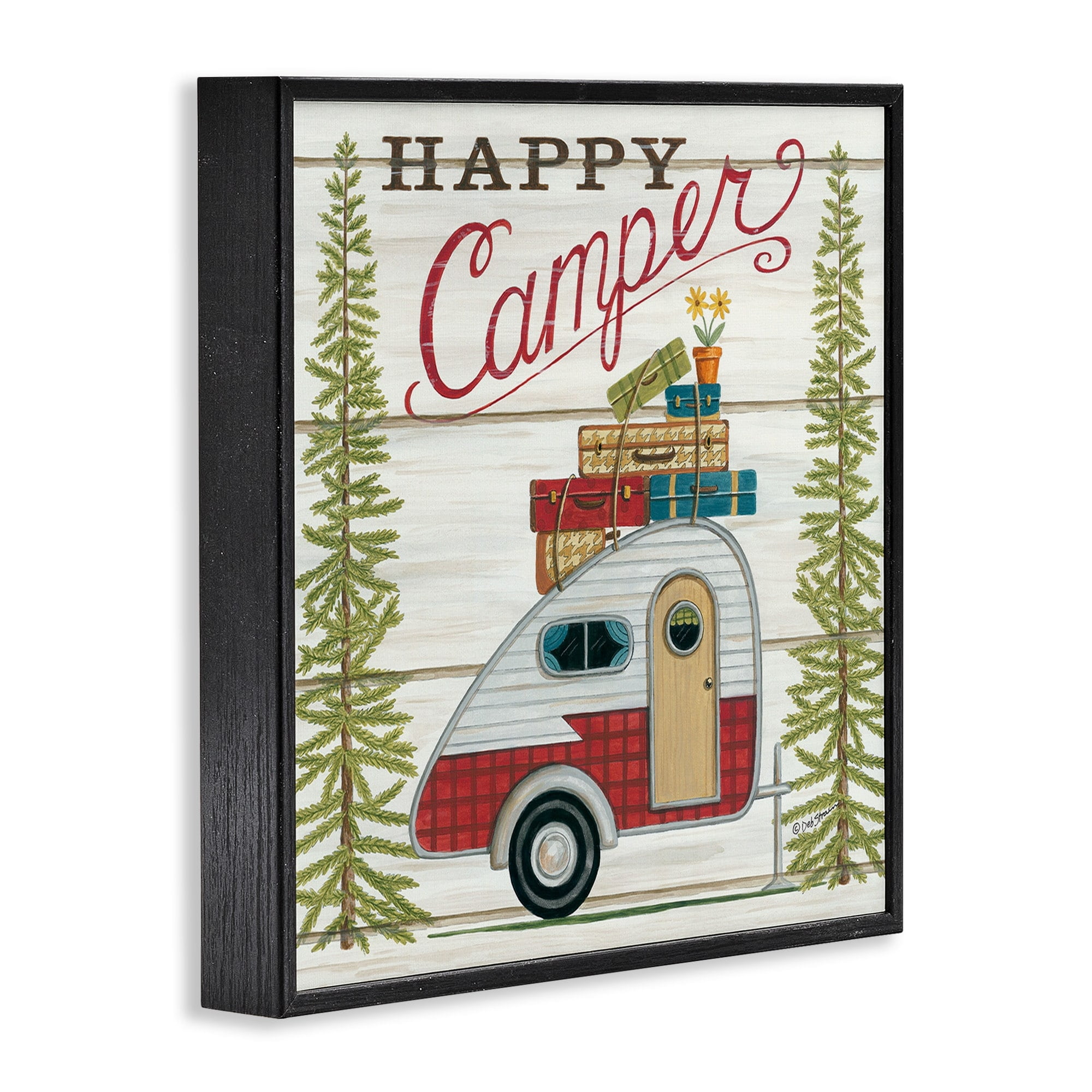 Stupell Industries Rustic Happy Camper Quote Forest Camping Trailer Framed Wall Art Design by Deb Strain, 12" x 12", Black Framed