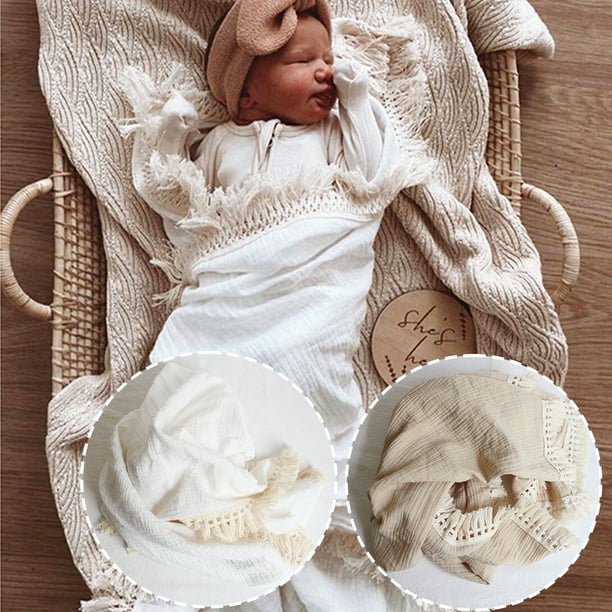 Recién nacido Swaddle Muselina 100x120cm Mantas con borlas para bebés Manta unisex con borlas Manta para bebés Manta de recepción de gasa doble Manta envolvente Swaddle Muyoka Hogar