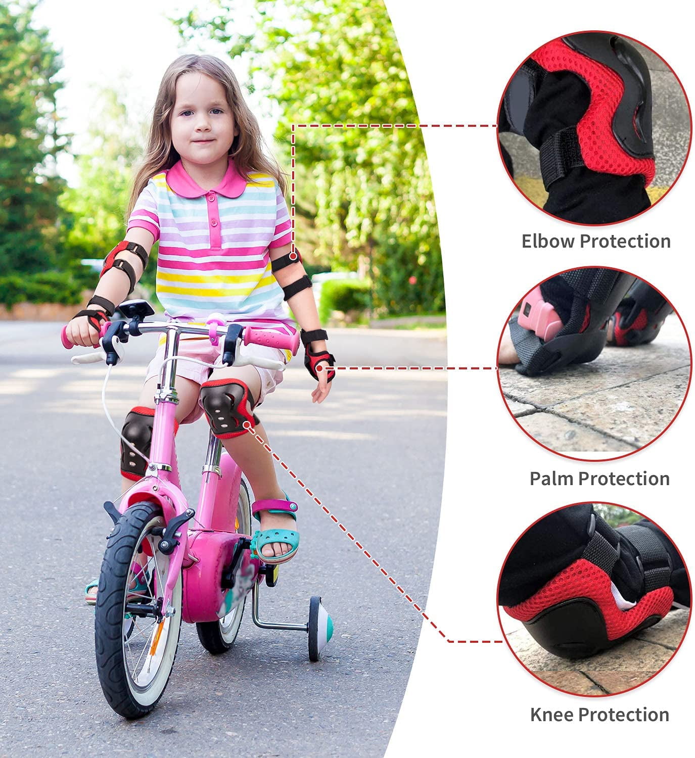 JEEXI 7 Pack Knee & Elbow Pads for Kids Youth Children Guards Protective Gear Pad Set for Roller Skates Cycling BMX Bike Skateboard Inline Skating's Scooter Riding Sports (Red)