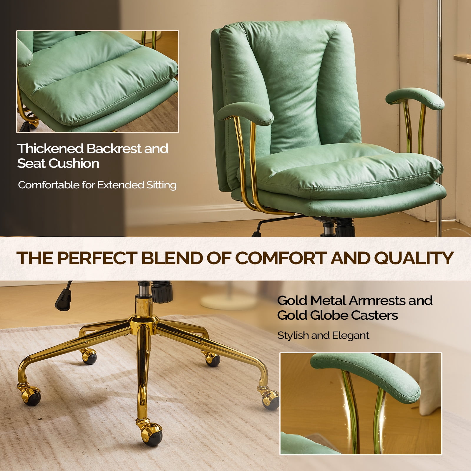 Ktaxon Office Chair High Back Study Chair Faux Leather Adjustable Swivel Vanity Chair with Padded Armrests for Conference and Home Green