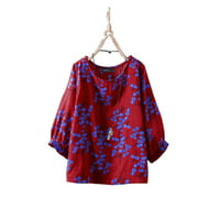 Women 3/4 Sleeve O Neck Cotton Hemp Loose Set Shirt Tops Floral Blouse