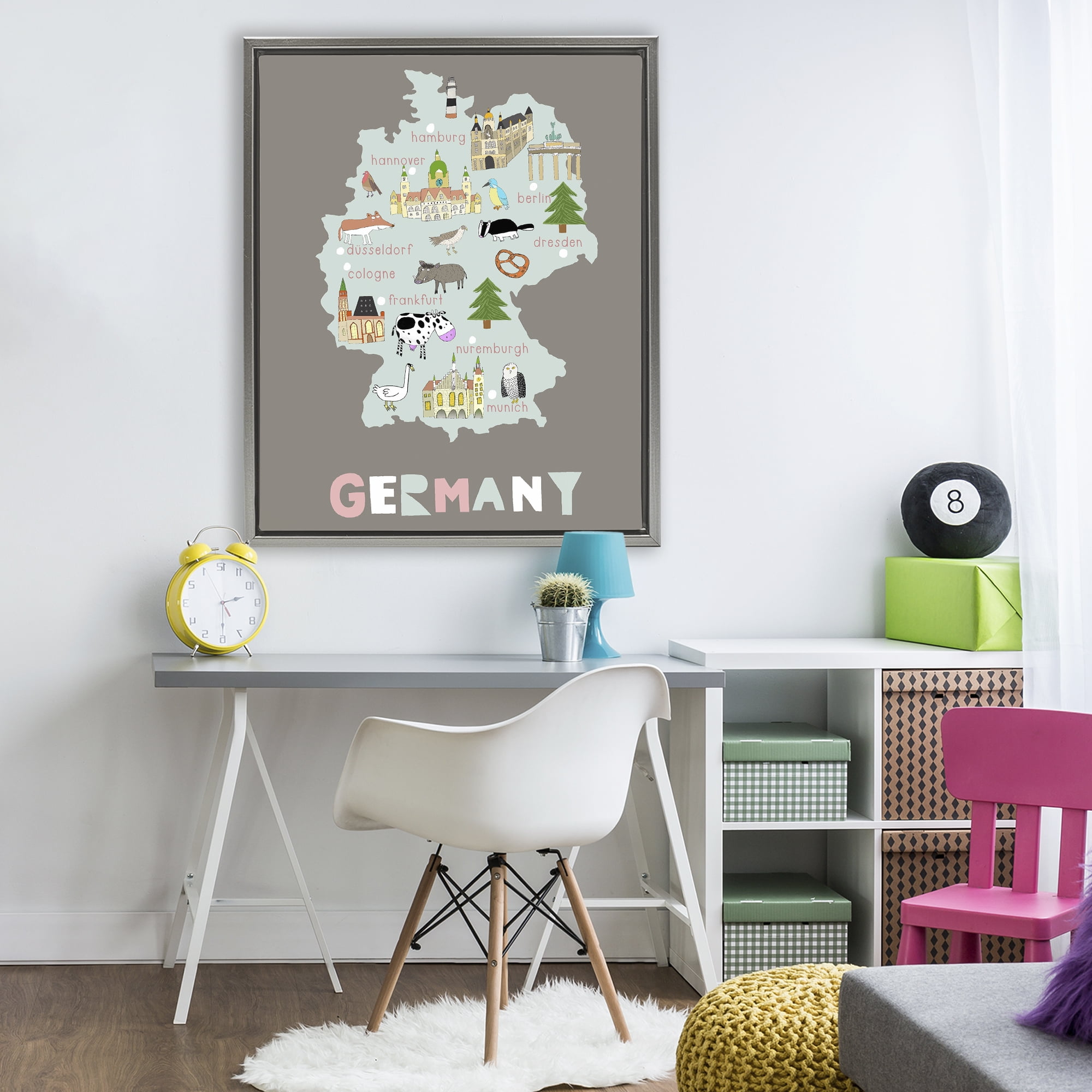Kid's Map of Germany Gray Framed Floater Canvas Wall Art, design by Carla Daly