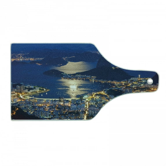 Night Cutting Board, Aerial View of Mountain Sugar Loaf and Botafogo Rio de Janeiro, Decorative Tempered Glass Cutting and Serving Board, Wine Bottle Shape, Violet Blue Pale Grey, by Ambesonne