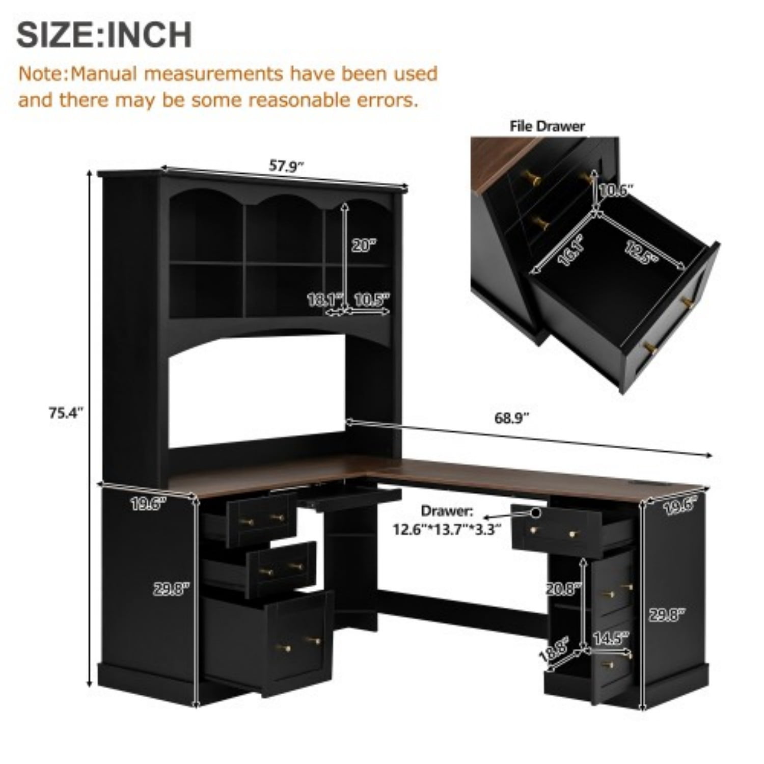 L-Shaped Farmhouse Computer Desk with Hutch, Corner Home Office Desk with File Drawer, Keyboard Tray & Dual Charging Stations, Large Workstation Writing Desk with Storage Cabinets, Black