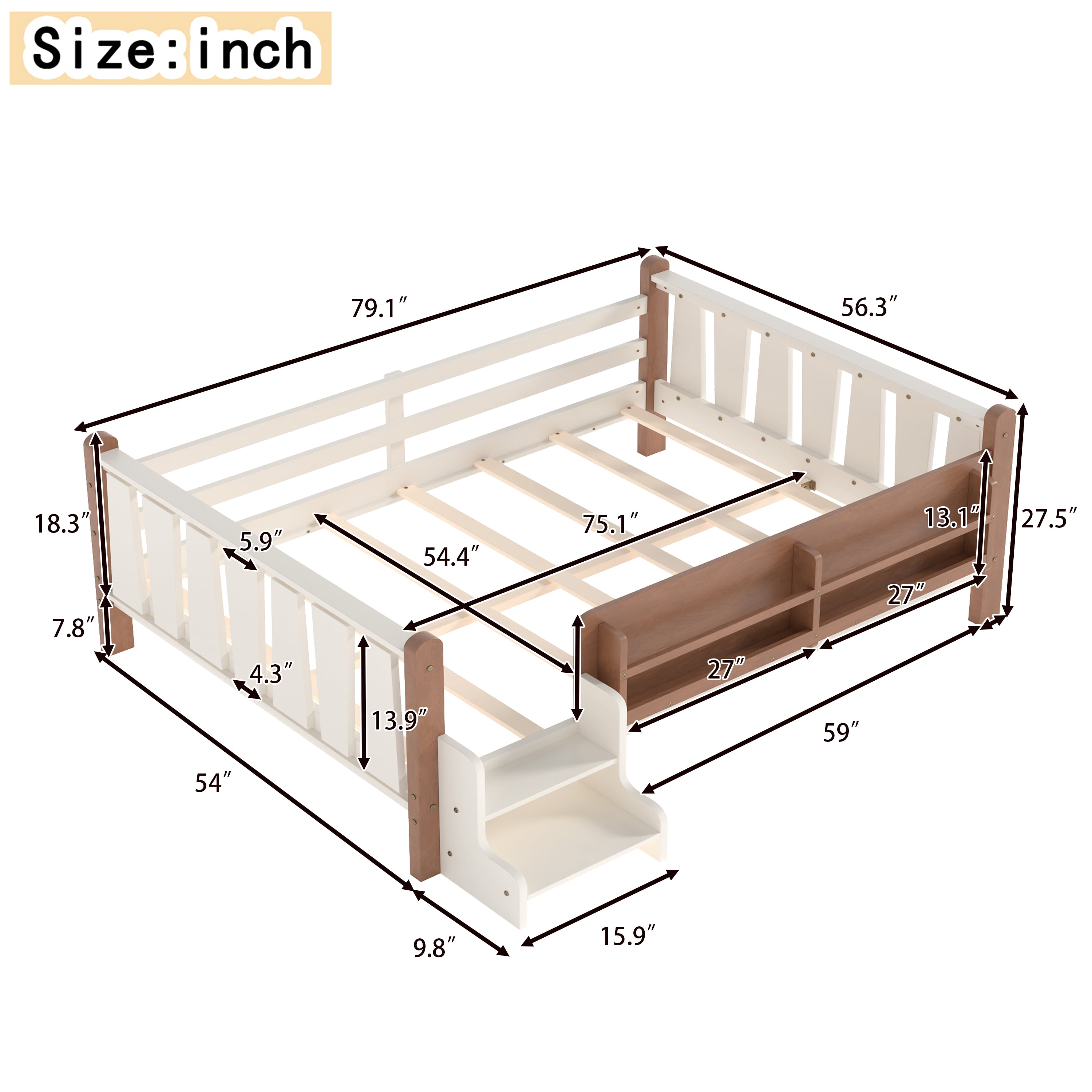 Miniyam Full Size Kids Floor Bed with Guardrails and Bookshelves, Pine Wood & MDF Frame, Easy Access Step Ladder, Beige