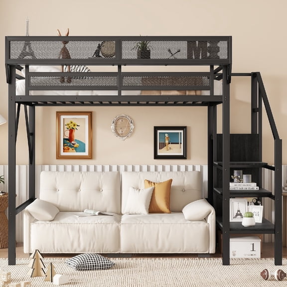 Twin Size Loft Bed  Frame with Storage Shelves and Wardrobe, Heavy Duty High Metal Loft Bed  with Stairs and Underbed Space for Bedroom, Apartment,Mattress not included, Black