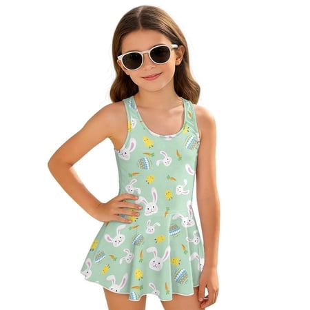COEQINE Swim Dress for Girls with Built-in Liner & Flowy Skirt Scoop Neck V-Back Playful Tankini Style Swimsuit for 6-7 Year Olds Polyester Spandex Blend Easter Bunny Chick Egg Green