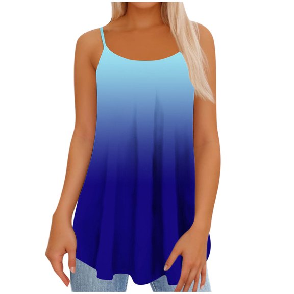 QUINDOS Womens Tank Tops Plus Size Blue Ribbed Summer Fashion Printed Vest Sleeveless Blouse Rond-neck Suspenders Tops Camisoles for Women