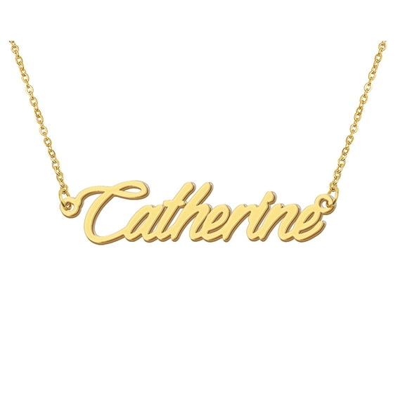 HUAN XUN 18k Gold Plated Catherine Name Necklace Stainless Steel Nameplate Necklaces for Womens Mens Mother Day Christmas Jewelry Gift