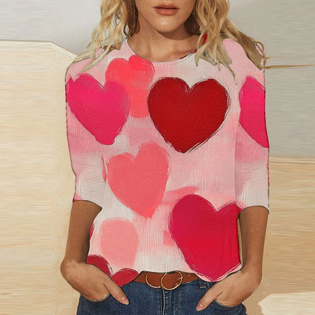 Styesk T-Shirts pour Femmes à Manches 3/4 Longueur, Imprimé Cœur, Hauts de Sortie, T-Shirts Confortables et Doux à Col Rond, Chandail à Enfiler, T-shirt Léger de Mode, Graphique de la Saint-Valentin, Grande Taille, Hauts Décontractés