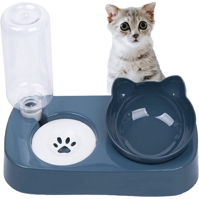 Cuenco elevado para gatos, cuenco para gatos 2 en 1 con dispensador de agua, juego de cuencos para gatos, inclinación de 15° con botella de agua automática para perros y gatos pequeños y medianos JM Cocina, Decoración y Otros