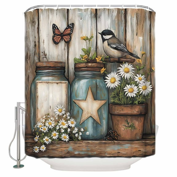 Extra Long Shower Curtain 72x84 Inch, Country Flower Shower Curtain Waterproof Bathroom Decor Retro Western Texas Star Butterfly Bird Fabric Bath Curtain Set Accessories with Hooks
