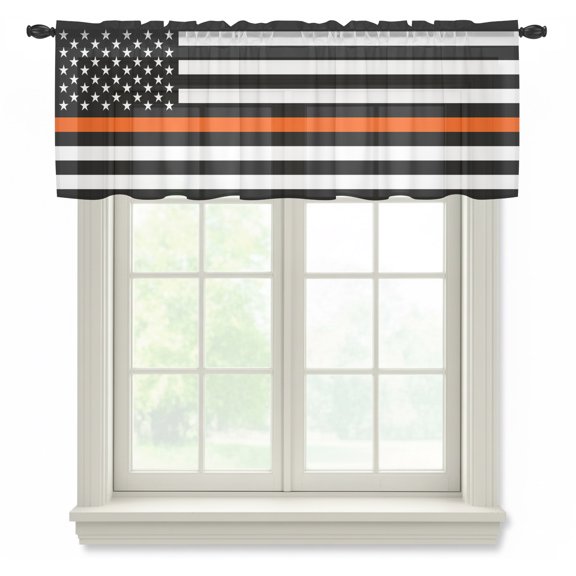Thin Orange Sheer Valances for Windows Line Flag Search Rescue Officer Semi Sheer Kitchen Valance Rod Pocket Small Window Voile Curtains for Living Room Bedroom Laundry 42 x 18 Inch