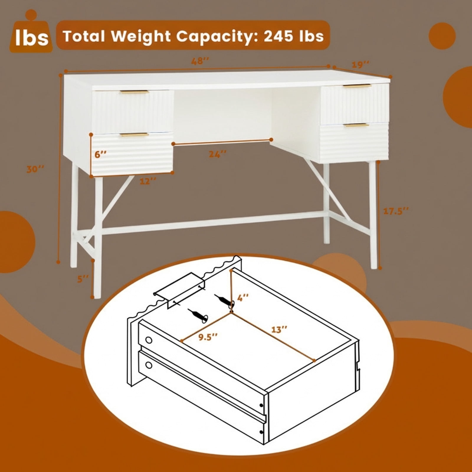 Furnibear 48 Inch Home Office Computer Desk with 4 Storage Drawers Powder-Coated Metal Frame Engineered Wood Top White