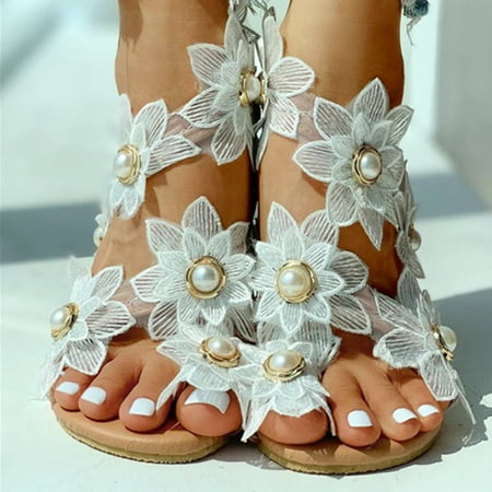 

Xinyolin Women Fashion Lace Flowers Faux Pearls Inlaid Shoes Summer Clip Toe Flat Sandal