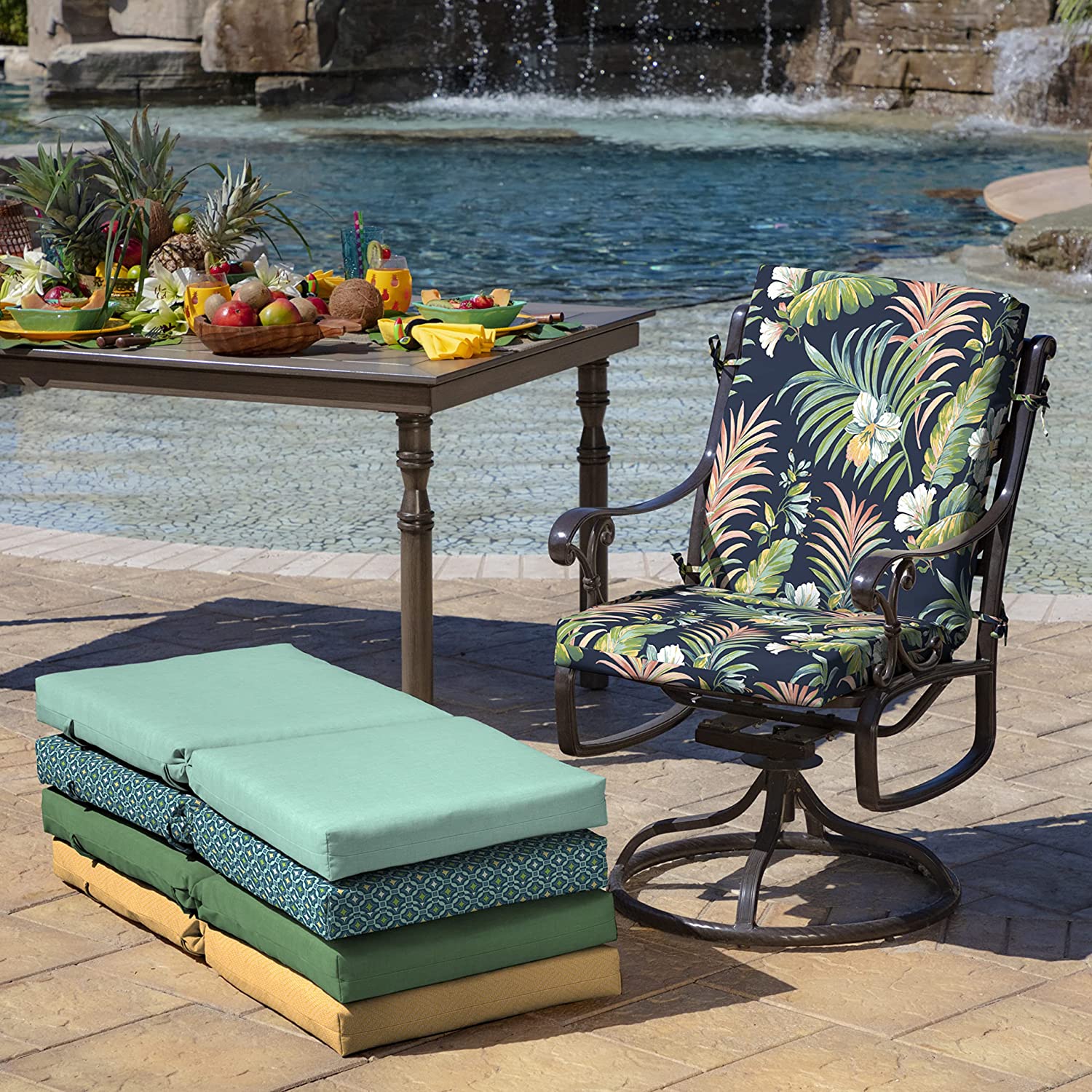 Arden 2-Pack Outdoor Patio Dining Chair Cushion, 20x44, Rain-Proof Seat Pad, Fade-Resistant Outdoor Cushion Simone Blue Tropical