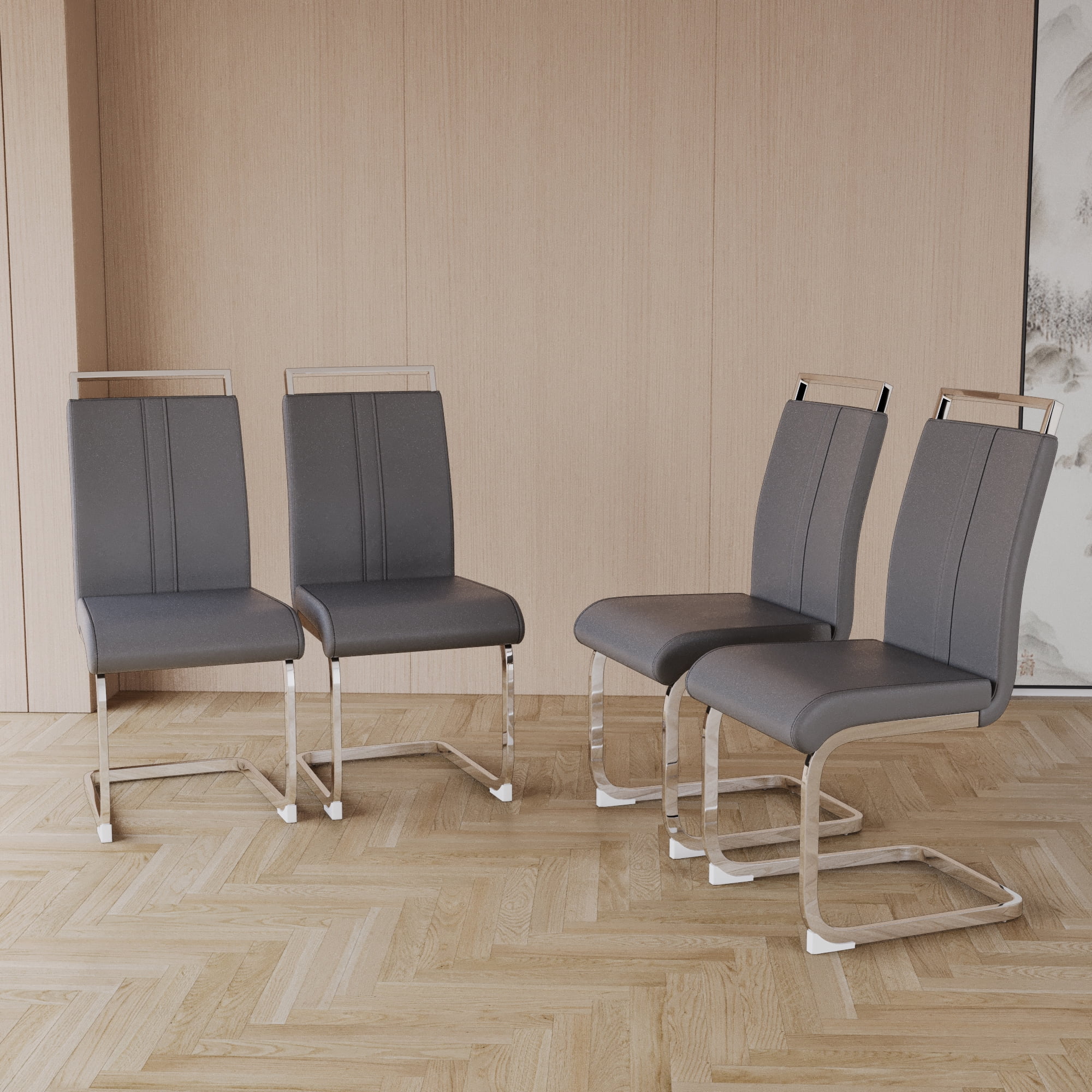 Dining Chairs Set of 4 PU Leather High Back Upholstered Chairs with Gold Metal Legs for Home Kitchen Dining Room Patio, Grey