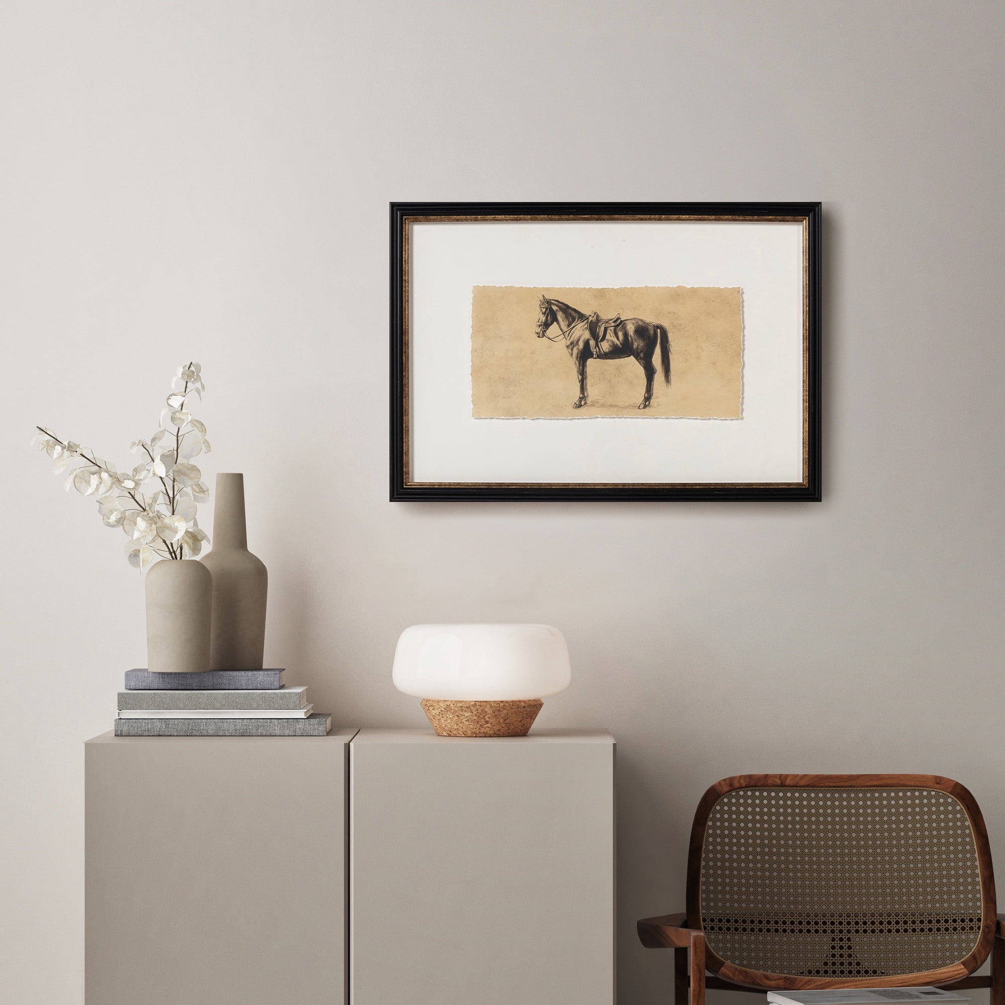 My Texas House Saddled Horse in Sepia Two-Toned Framed Under Glass Wall Art 24x16
