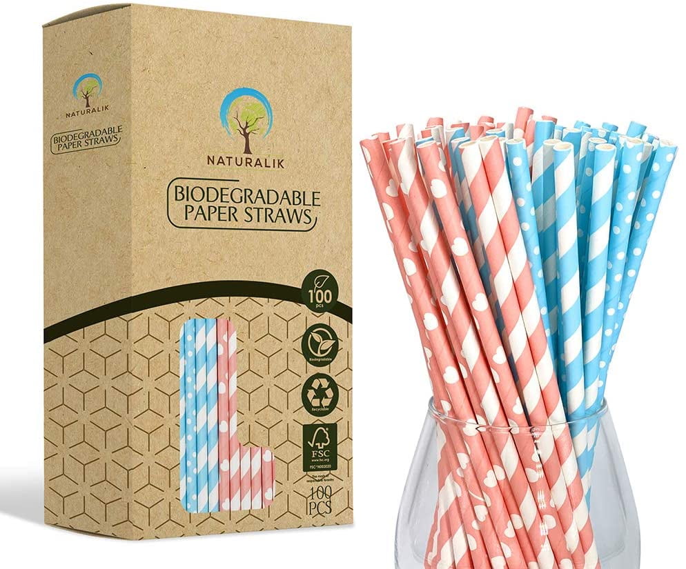 Naturalik 100-Pack Light Pink and Blue Biodegradable Paper Straws- Extra Durable- Baby Shower decorations for boy girl, gender reveal party supplies, birthday party straws, Pink Blue Paper Straws