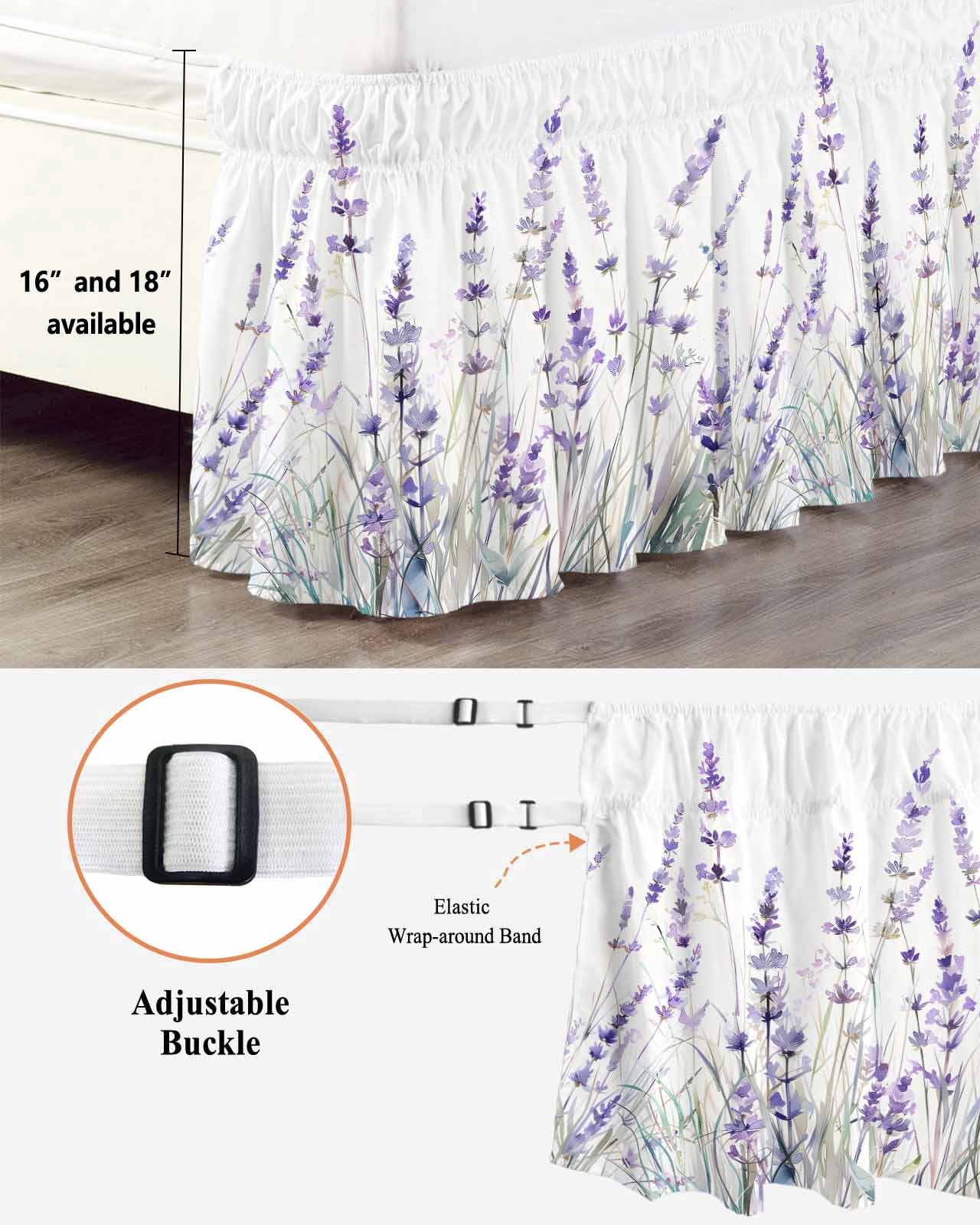 Lavender Floral Wrap Around Bed Skirts for Queen Bed 18" Drop, Bed Skirt with Adjustable Elastic Belt Dust Ruffle Bed Valance for Bedroom Hotel Luxury Spring Flowers Botanical Plants Bed Frame Cover