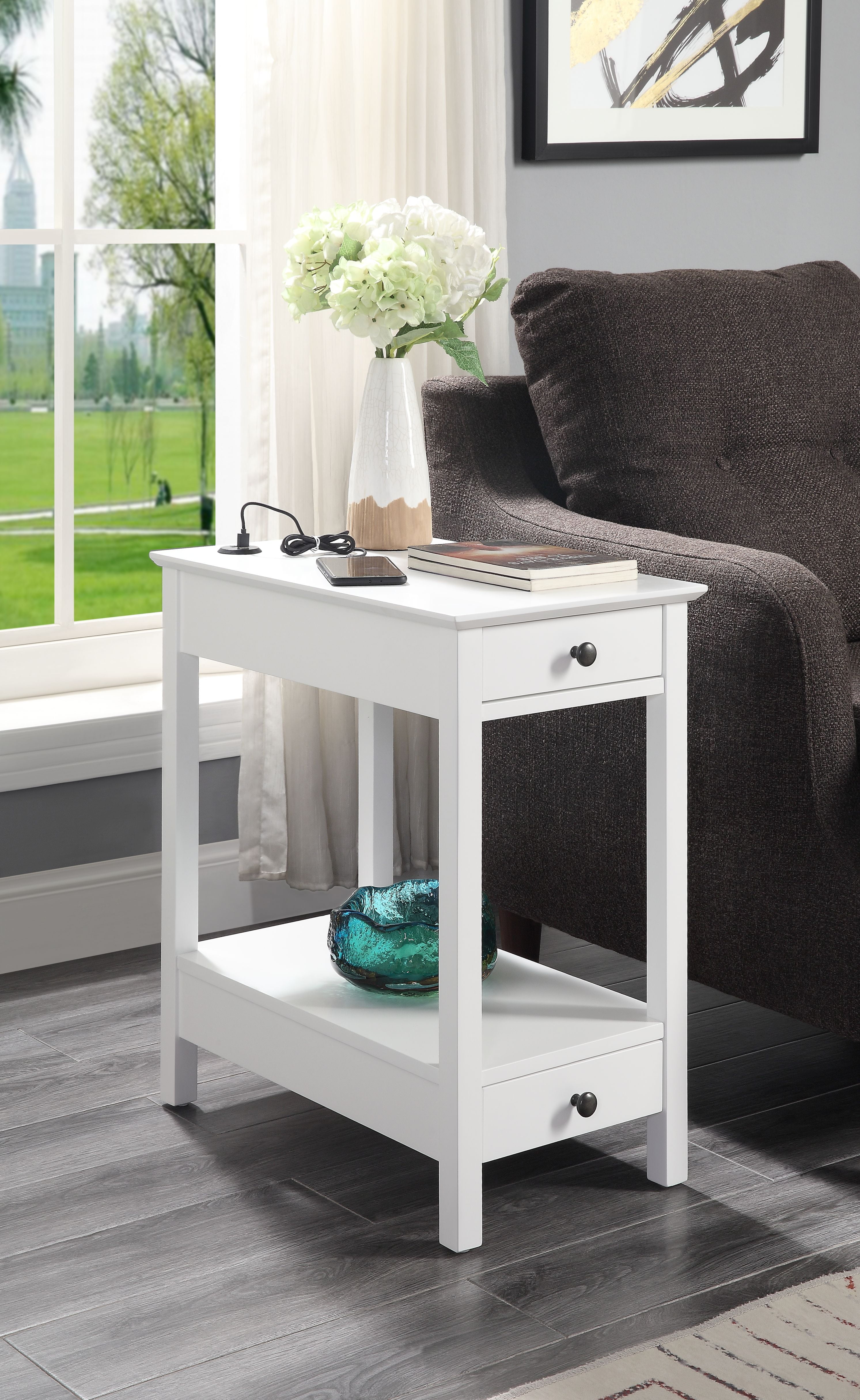 Modern White Wood Side Table with USB Charging Dock and Storage