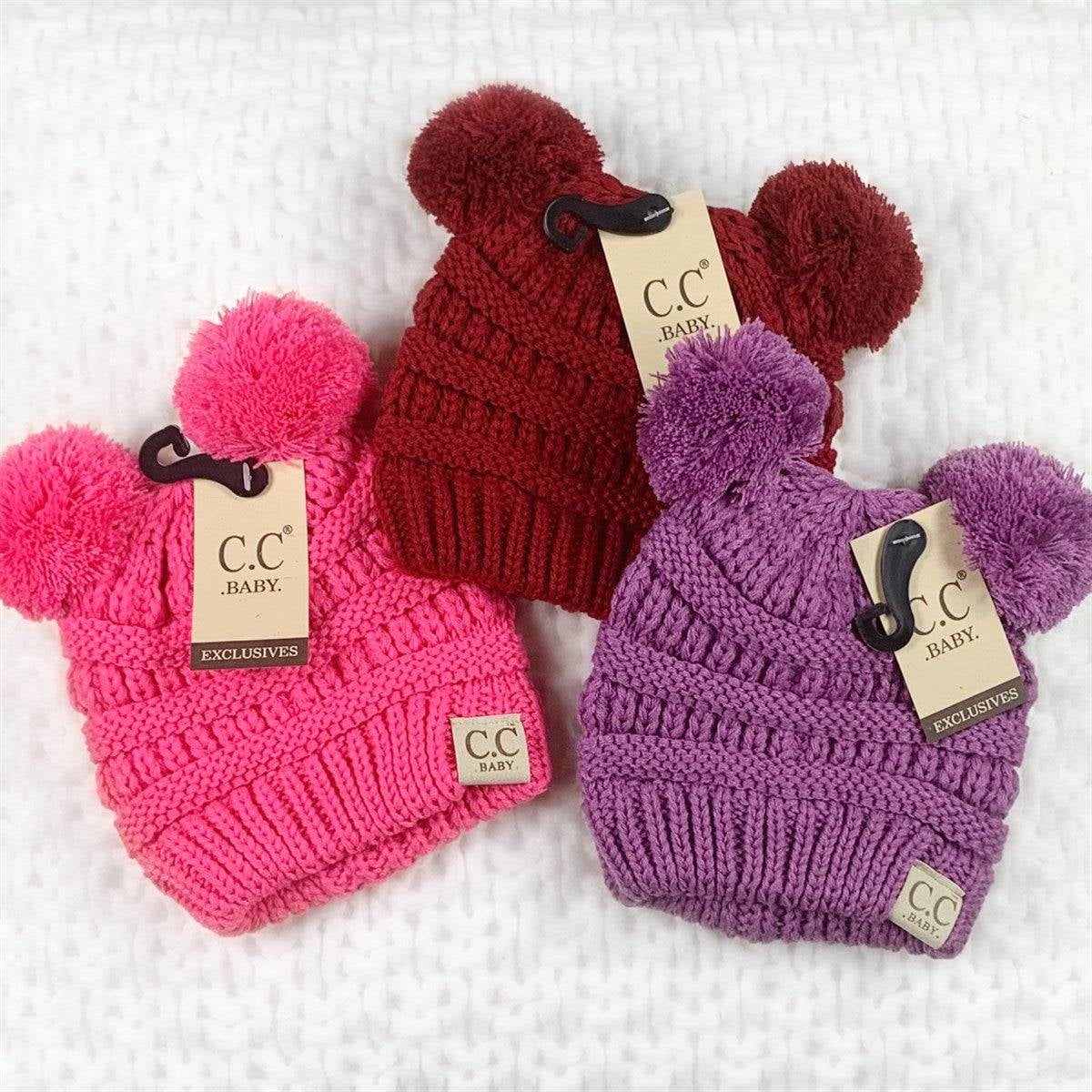 CC Baby Double Pom Cable Knit Yarn Pom Newborn to 9 Months Infant Beanie Light Grey - Soft, Warm Hats for Babies and Toddlers - Cozy Winter Wear