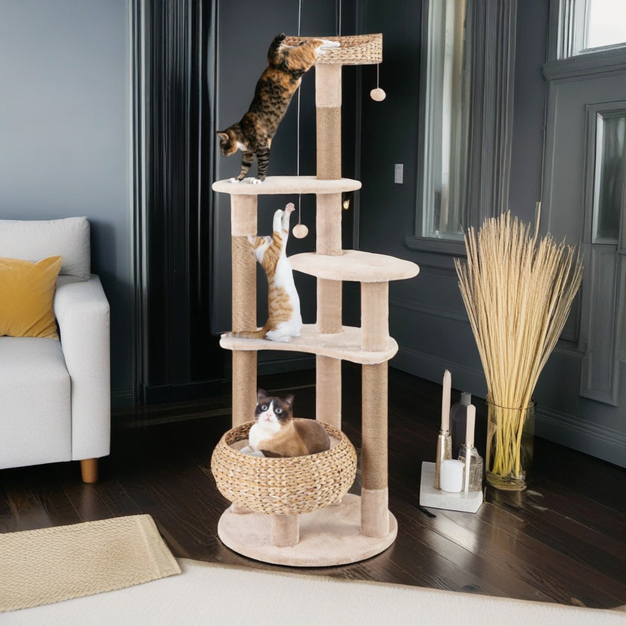 Pefilos 63" Modern Cat Tree Tower for Indoor Cats w/Natural Sisal Scratching Posts, Hand-Woven Condo and Top Perch, Cat Tree House for Kittens Climb Play, Beige