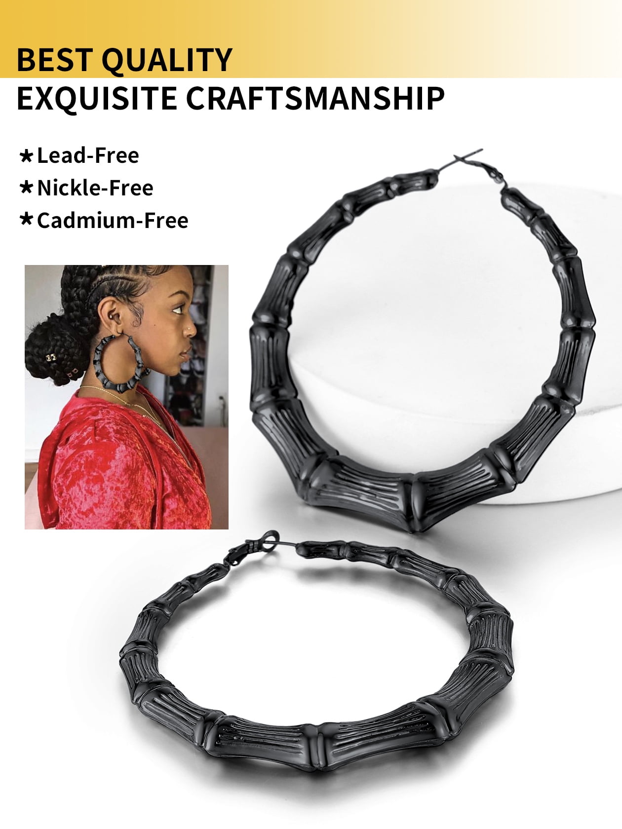 ChainsHouse Bamboo Hoop Earrings for Women Black Hypoallergenic Chunky Earring Stainless Steel Birthday Christmas Anniversary Jewelry Gift