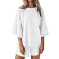 thumbnail image 1 of Conjunto de ropa de estar por casa de 2 piezas para mujer: tops de manga 3/4 y pantalones cortos con cintura elástica, poliéster suave, ropa informal para casa/vacaciones, tallas S-XXL, 1 of 6