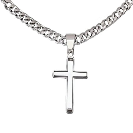 PAURO Cross Necklace for Men Faith Stainless Steel Pendant Cuban Chain Silver Pendant Simple Religious Spiritual Cool Personalized Statement Jewelry