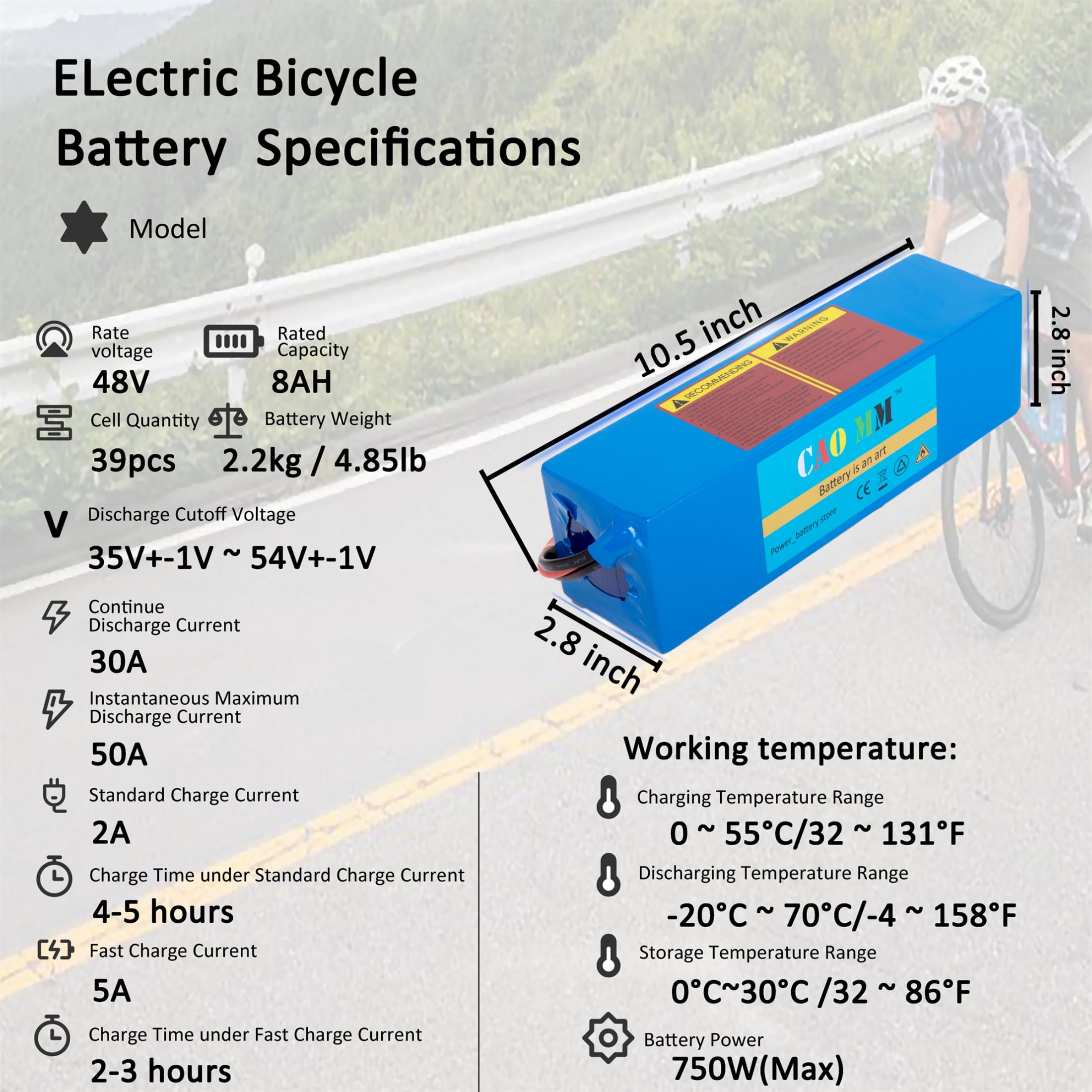 48V 8Ah Ebike Battery Pack Electric Scooter Bike Lithium Battery Fit for 750W Adult Electric Bicycle Motor with 2a Charger