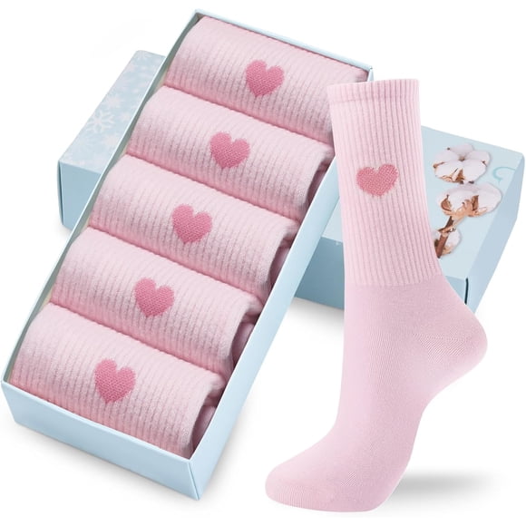 Corlap Women's Cute Cotton Crew Socks - Calf High Dress Socks, Novelty Fun Heart Design 5 Pairs (Gift Box)