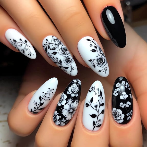 Black Amber Press on Nails Almond Fake Nails Medium Length Gold Foil Glue on Nails with Designs False Nail Tips Exquisite Almond Shape Stick on Nails Medium Artificial Nails for Women 24Pcs 2 style10