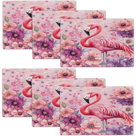 Flamingo Summer Placemats Set of 6, 12x18 Inch Flamingo Flower Table Place Mat Country Washable Non-Slip Heat Resistant Fabric Placement Mats for Dining Kitchen Indoor Outdoor Decor