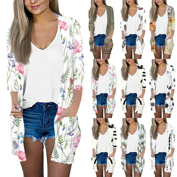 GXIPO Womens Fall 3/4 Sleeve Cardigan Lightweight Open Front Shrugs Cardigans Spring with Pockets Floral Black XL