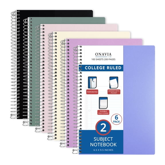 ONAVIA 2 Subject Notebook College Ruled, 6 Pack, 6" x 9.5" Spiral Notebook with 2 Divider Pockets, Poly Cover Notebook Bulk for Study, Work & Travel, 100 Sheets, Assorted Colors