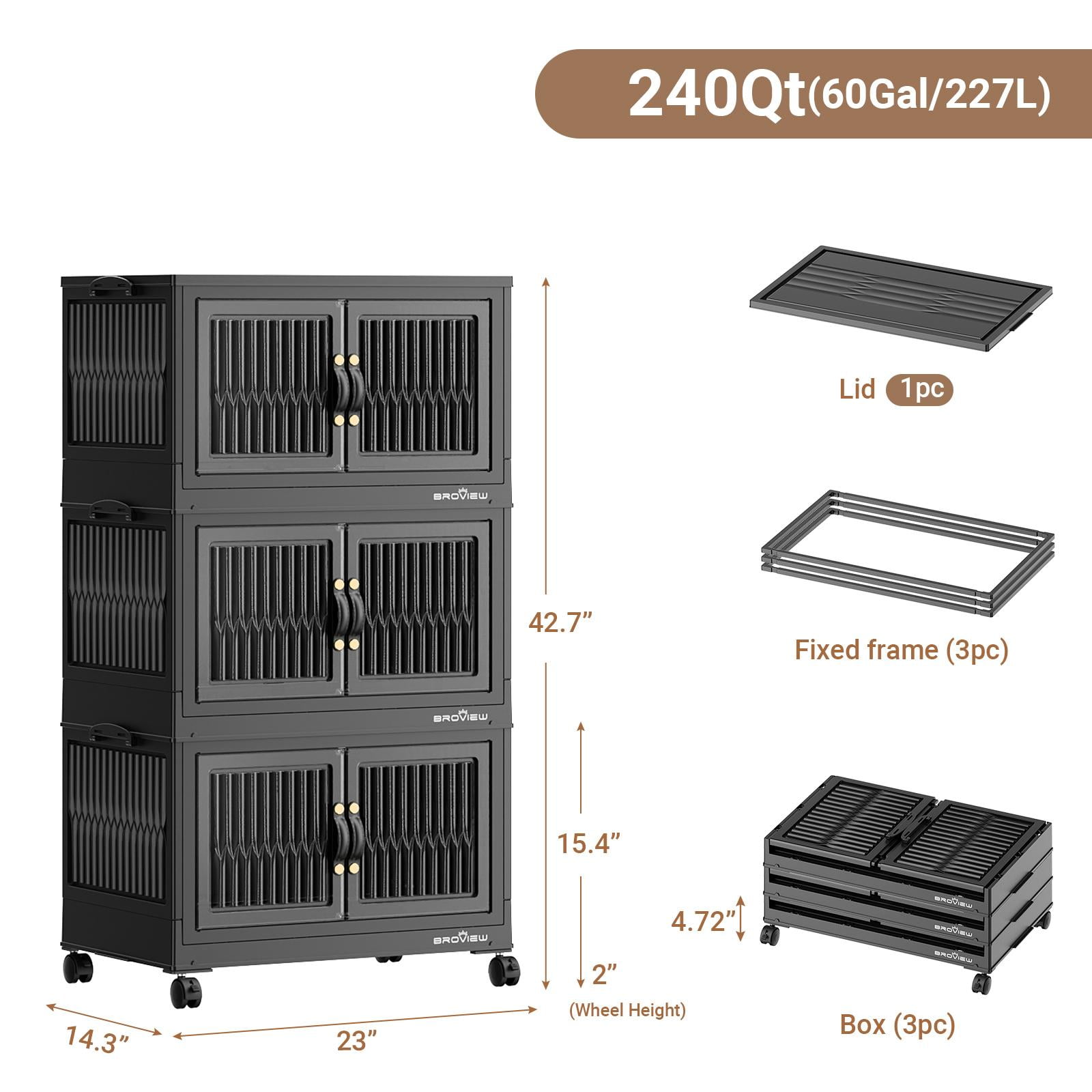 BROVIEW 240Qt Stackable Storage Bins with Lid, Plastic Closet Organizers and Storage Drawer, Collapsible Storage Box with Wheels, Folding Storage Cabinet for Closet Clothes Organization, 3Pack Black
