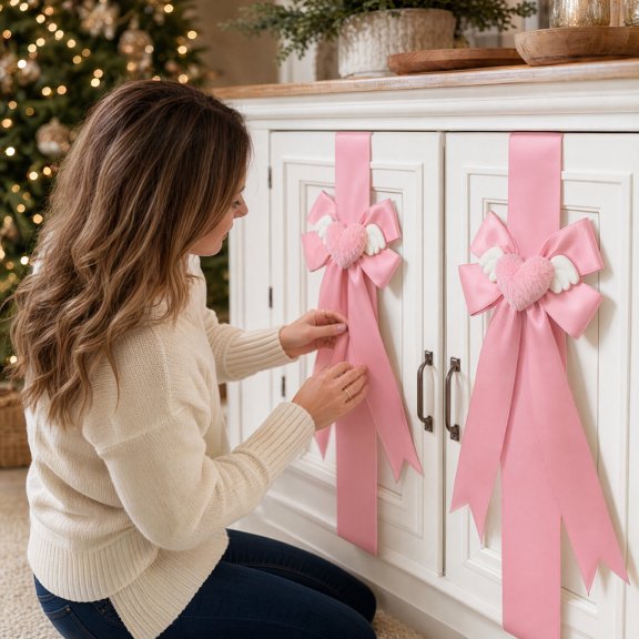 6 Pc Christmas Cabinet Door Bow Decoration Set Pink Kitchen Holiday Accent