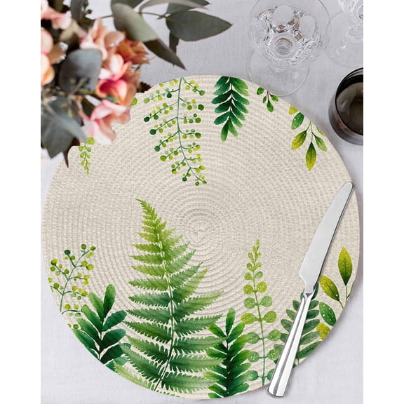 15 Inch Round Placemats Set of 6, Spring Leaves Non Slip Heat Insulation PP Table Mats, Pastoral Garden Botanical Rustic Burlap Washable Place Mats for Kitchen Dining Party Table Decor